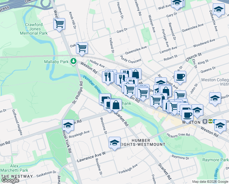 map of restaurants, bars, coffee shops, grocery stores, and more near 2202 Weston Road in Toronto