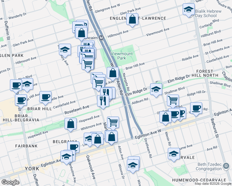 map of restaurants, bars, coffee shops, grocery stores, and more near 140 Elm Ridge Drive in Toronto