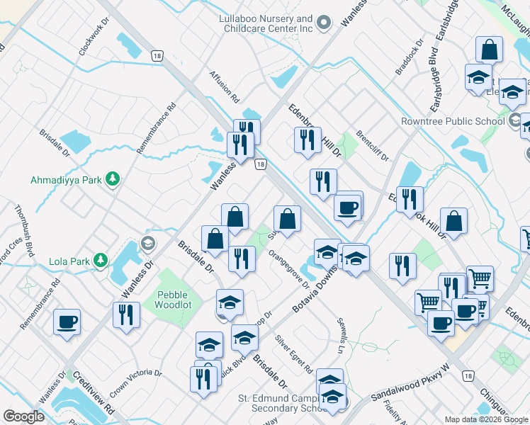 map of restaurants, bars, coffee shops, grocery stores, and more near 42 Williamson Drive in Brampton