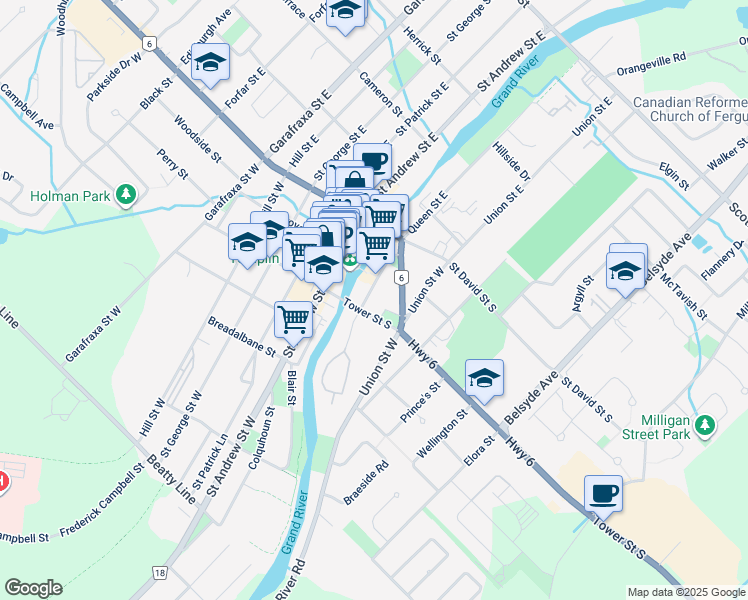 map of restaurants, bars, coffee shops, grocery stores, and more near 196 Queen Street West in Fergus