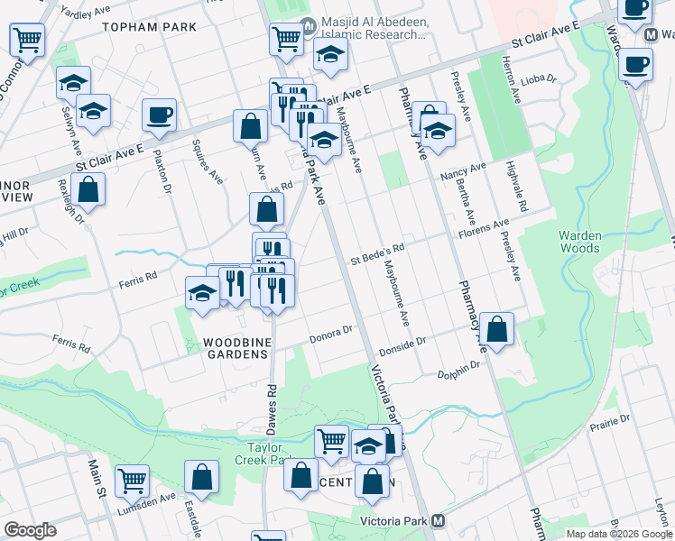 map of restaurants, bars, coffee shops, grocery stores, and more near 1002 Victoria Park Avenue in Toronto