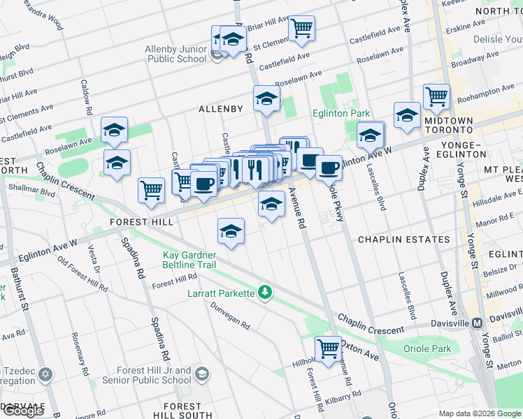 map of restaurants, bars, coffee shops, grocery stores, and more near in Toronto