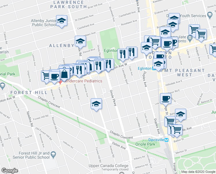 map of restaurants, bars, coffee shops, grocery stores, and more near in Toronto