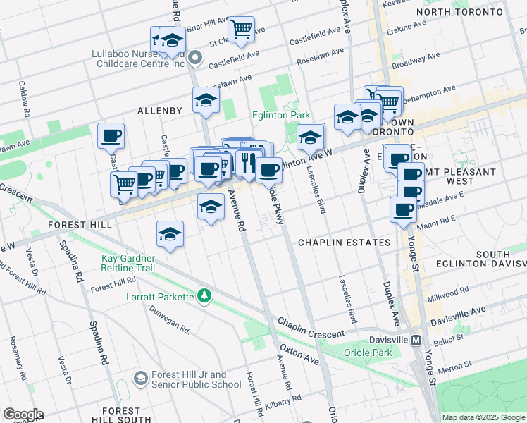 map of restaurants, bars, coffee shops, grocery stores, and more near 177B Highbourne Road in Toronto