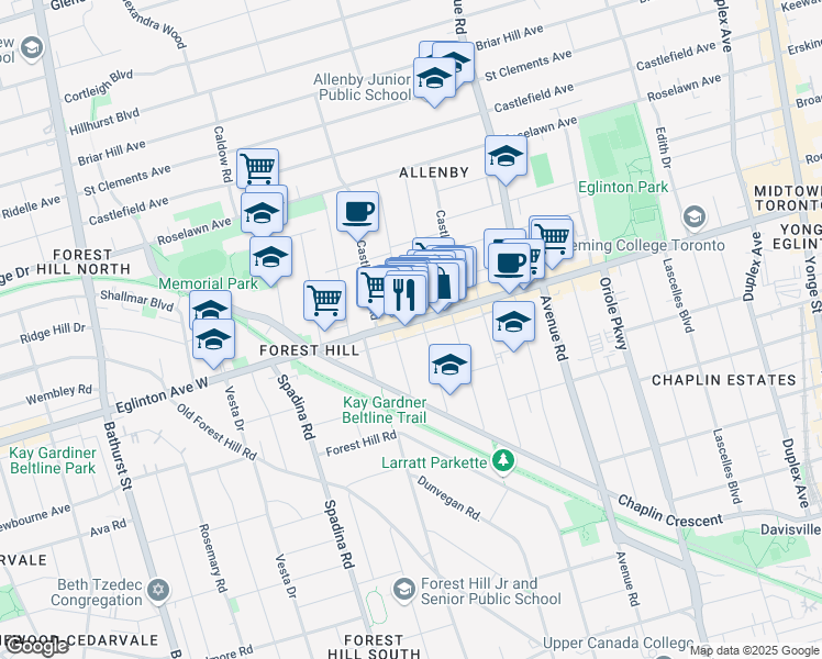 map of restaurants, bars, coffee shops, grocery stores, and more near in Toronto