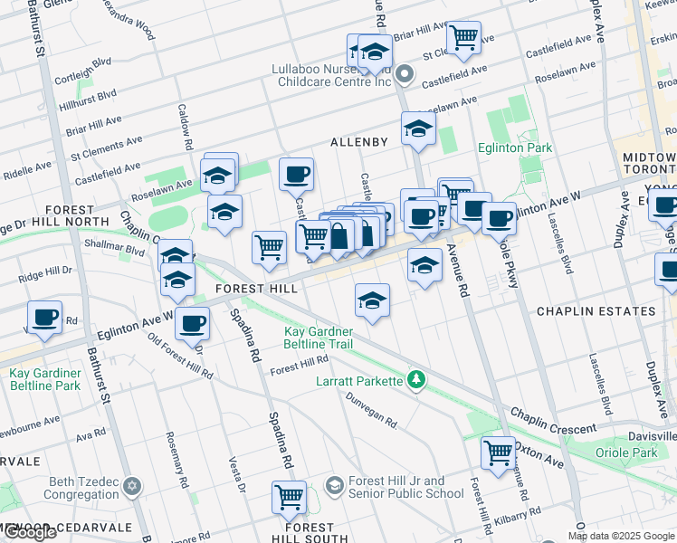 map of restaurants, bars, coffee shops, grocery stores, and more near in Toronto