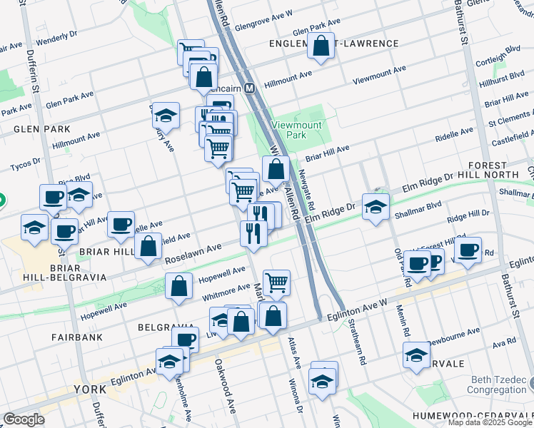 map of restaurants, bars, coffee shops, grocery stores, and more near in Toronto