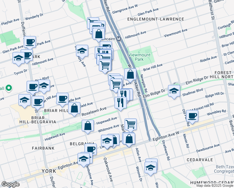 map of restaurants, bars, coffee shops, grocery stores, and more near in Toronto