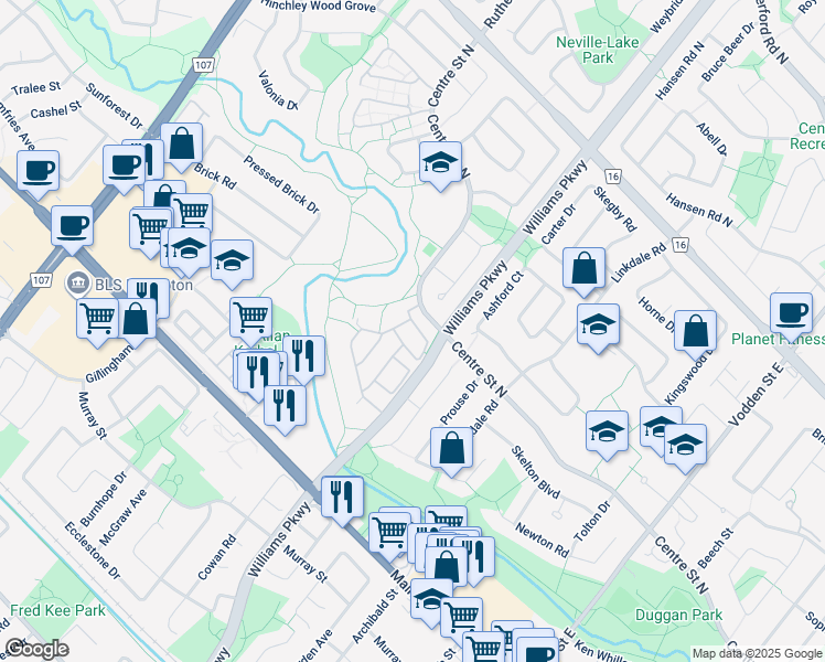 map of restaurants, bars, coffee shops, grocery stores, and more near in Brampton