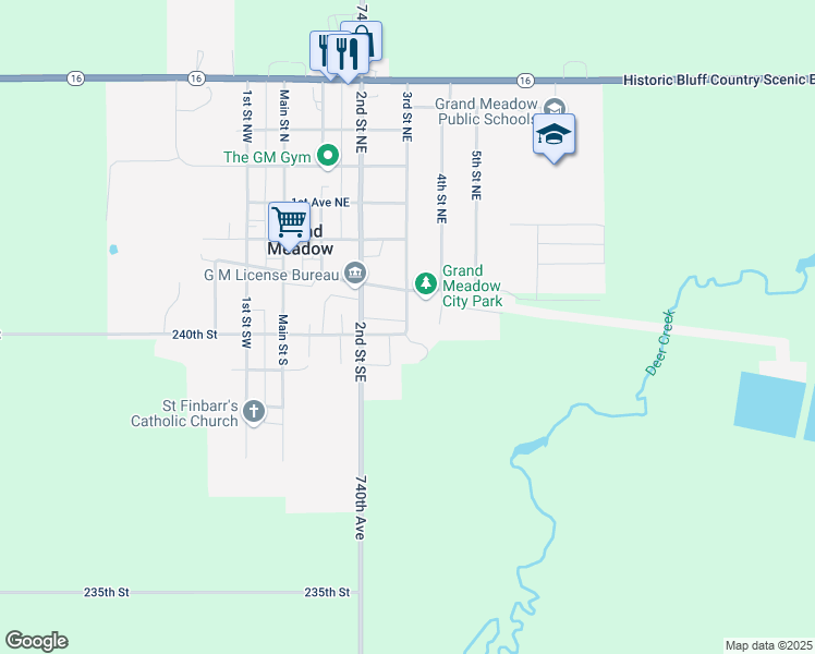 map of restaurants, bars, coffee shops, grocery stores, and more near 208 3rd Street Southeast in Grand Meadow
