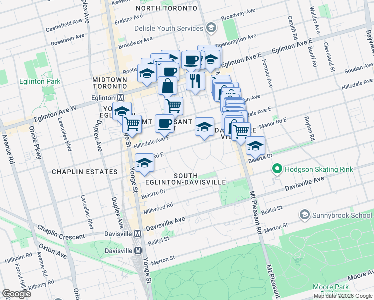 map of restaurants, bars, coffee shops, grocery stores, and more near 114 Manor Road East in Toronto