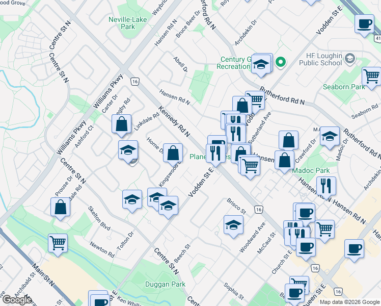 map of restaurants, bars, coffee shops, grocery stores, and more near 97 Kingswood Drive in Brampton