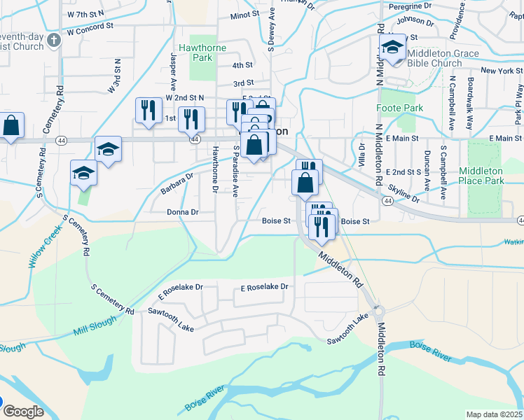 map of restaurants, bars, coffee shops, grocery stores, and more near 287 Boise Street in Middleton