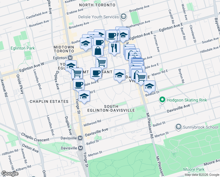 map of restaurants, bars, coffee shops, grocery stores, and more near 114 Manor Road East in Toronto