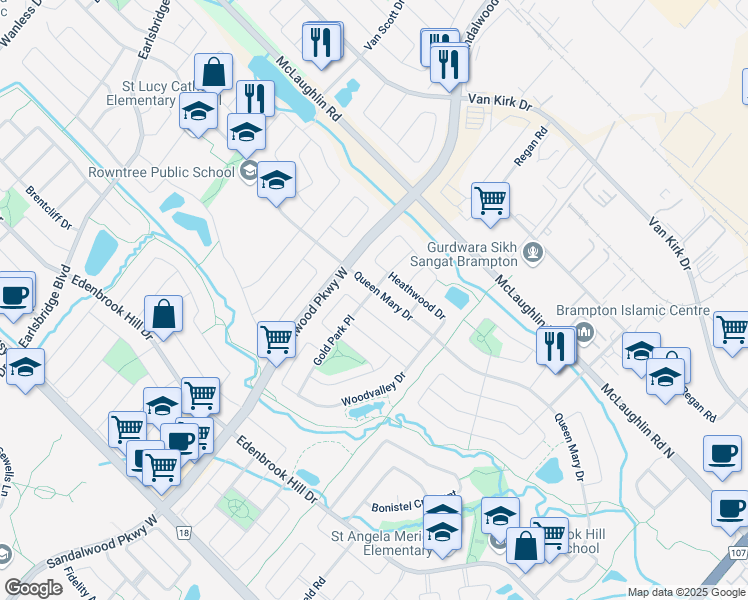 map of restaurants, bars, coffee shops, grocery stores, and more near 3 Gold Park Place in Brampton