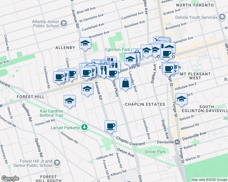 map of restaurants, bars, coffee shops, grocery stores, and more near 470 Oriole Parkway in Toronto