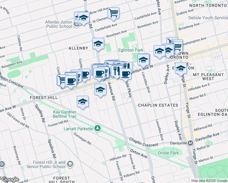 map of restaurants, bars, coffee shops, grocery stores, and more near 979 Avenue Road in Toronto