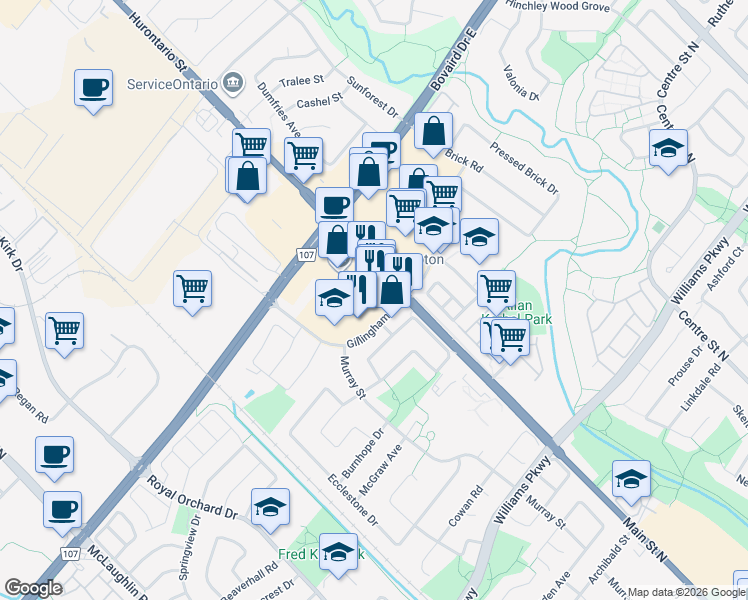 map of restaurants, bars, coffee shops, grocery stores, and more near 10 Gillingham Drive in Brampton
