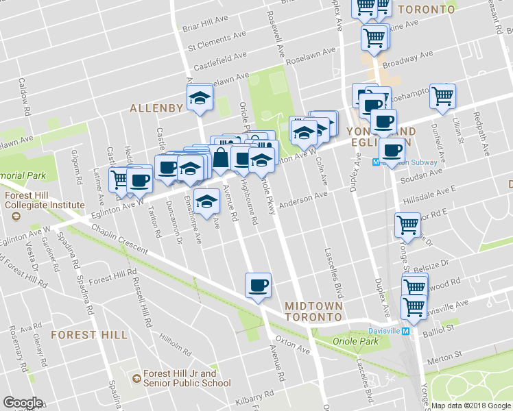 map of restaurants, bars, coffee shops, grocery stores, and more near 155 Highbourne Road in Toronto
