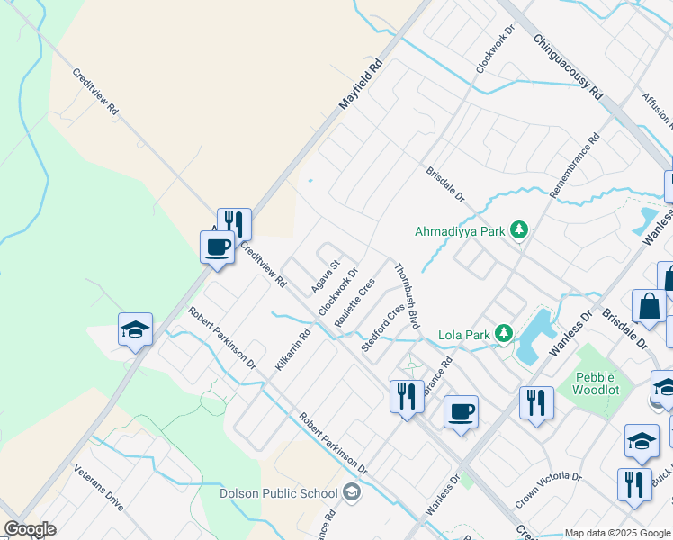 map of restaurants, bars, coffee shops, grocery stores, and more near 168 Agava Street in Brampton