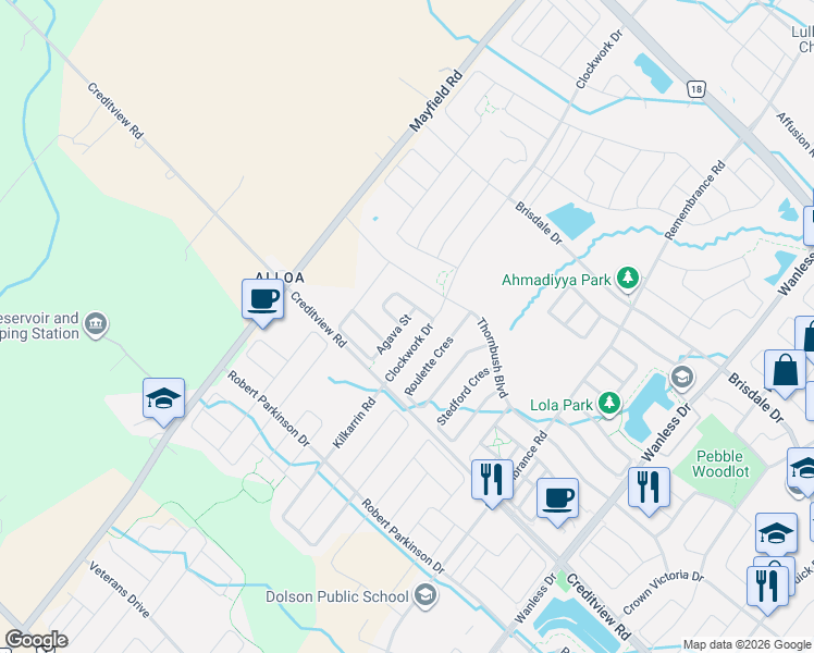 map of restaurants, bars, coffee shops, grocery stores, and more near 168 Agava Street in Brampton