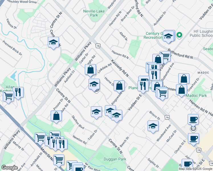 map of restaurants, bars, coffee shops, grocery stores, and more near 48 Merton Road in Brampton