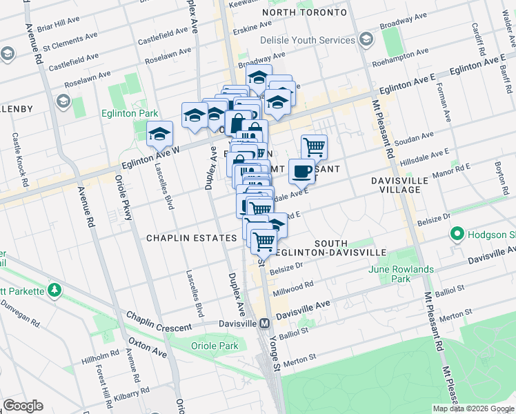 map of restaurants, bars, coffee shops, grocery stores, and more near 1 Hillsdale Avenue East in Toronto