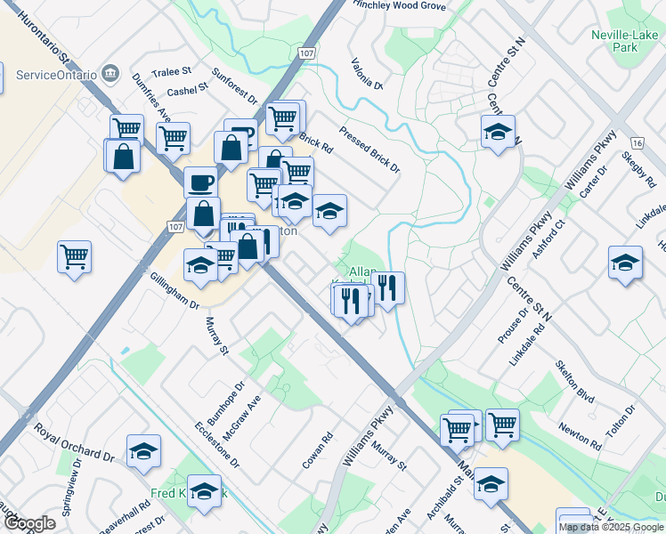 map of restaurants, bars, coffee shops, grocery stores, and more near 48 Brickyard Way in Brampton