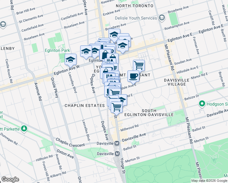 map of restaurants, bars, coffee shops, grocery stores, and more near in Toronto