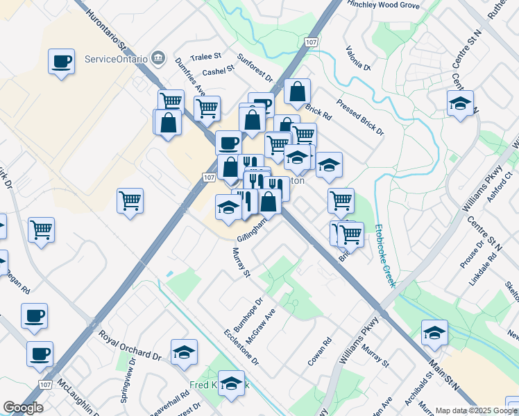 map of restaurants, bars, coffee shops, grocery stores, and more near 10 Gillingham Drive in Brampton