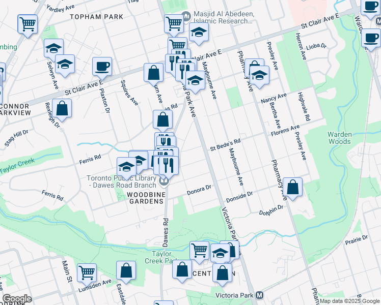 map of restaurants, bars, coffee shops, grocery stores, and more near 5 Ripon Road in Toronto