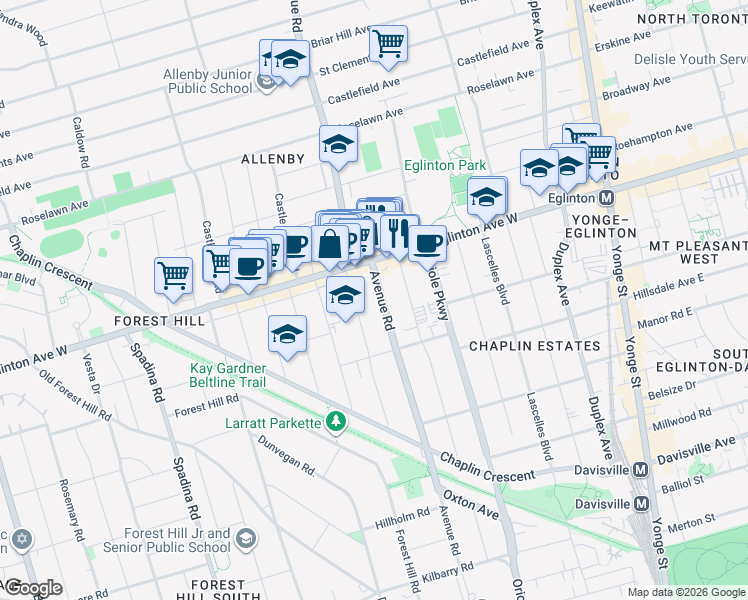 map of restaurants, bars, coffee shops, grocery stores, and more near 990 Avenue Road in Toronto