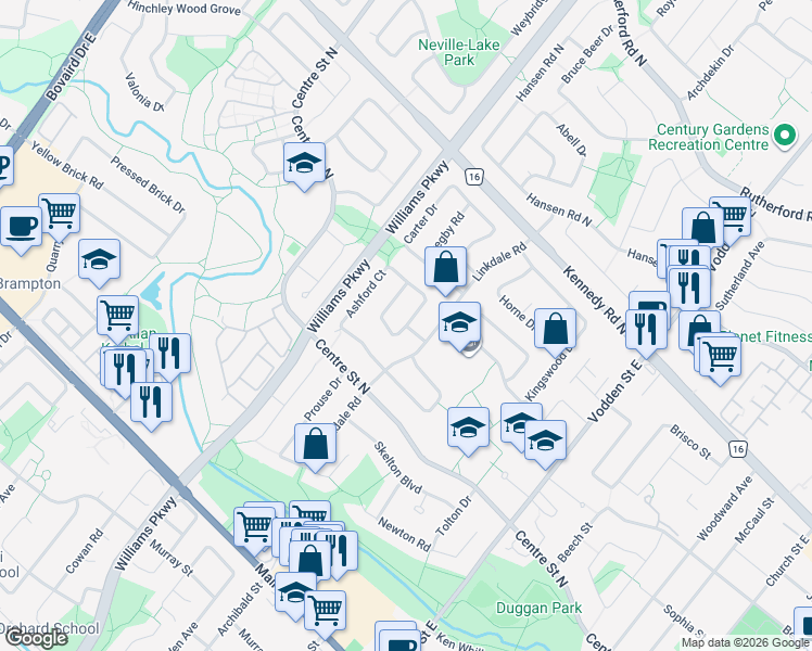 map of restaurants, bars, coffee shops, grocery stores, and more near Radford Drive in Brampton