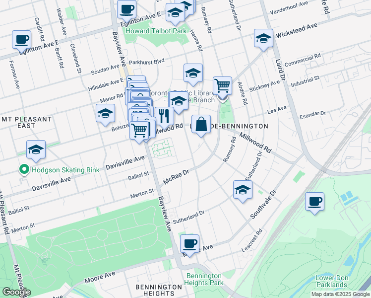 map of restaurants, bars, coffee shops, grocery stores, and more near 130 Bessborough Drive in Toronto