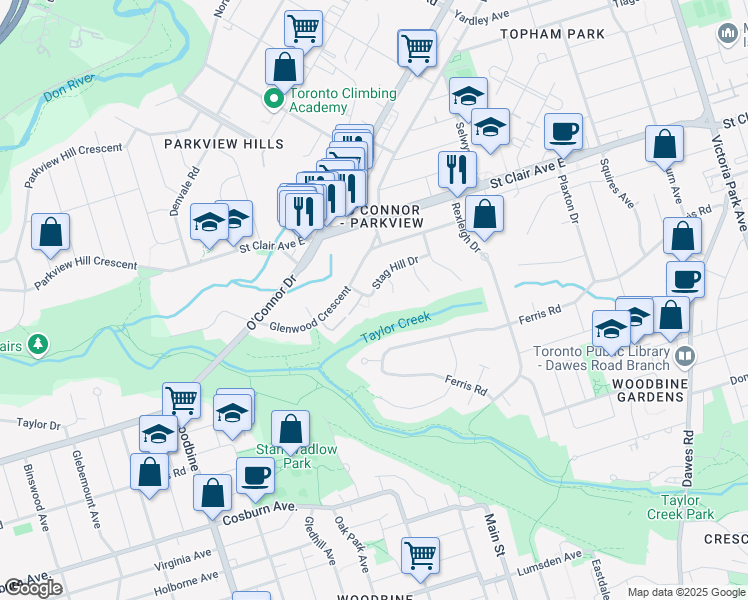 map of restaurants, bars, coffee shops, grocery stores, and more near 9 Stag Hill Drive in Toronto