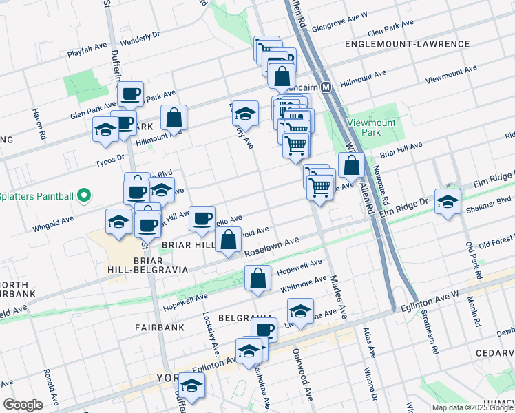 map of restaurants, bars, coffee shops, grocery stores, and more near in Toronto
