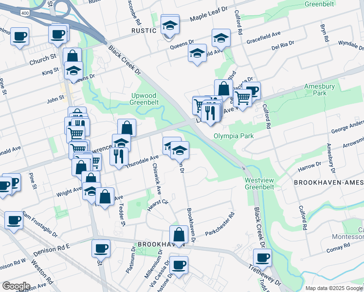 map of restaurants, bars, coffee shops, grocery stores, and more near 125 Brookhaven Drive in Toronto