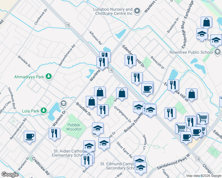 map of restaurants, bars, coffee shops, grocery stores, and more near in Brampton