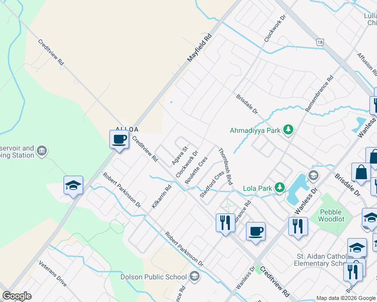 map of restaurants, bars, coffee shops, grocery stores, and more near 17 Yately Street in Brampton