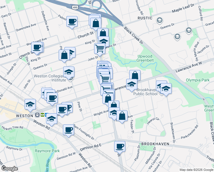 map of restaurants, bars, coffee shops, grocery stores, and more near 1691 Jane Street in Toronto