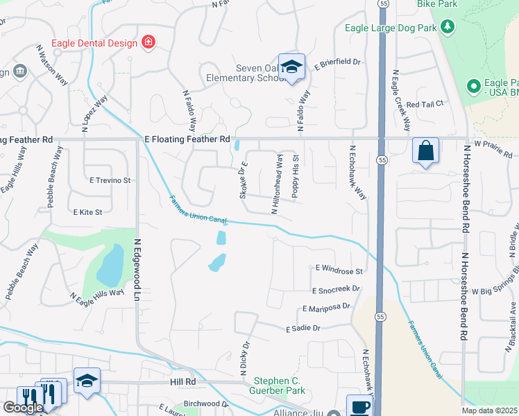 map of restaurants, bars, coffee shops, grocery stores, and more near 2170 East Gleneagle Street in Eagle