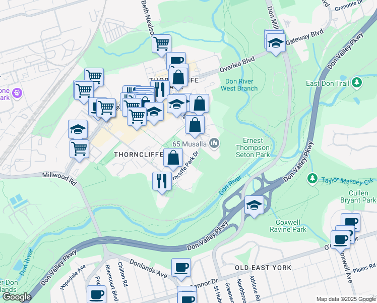 map of restaurants, bars, coffee shops, grocery stores, and more near 50 Thorncliffe Park Drive in Toronto