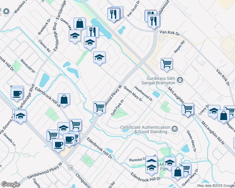 map of restaurants, bars, coffee shops, grocery stores, and more near 16 Courtsfield Crescent in Brampton