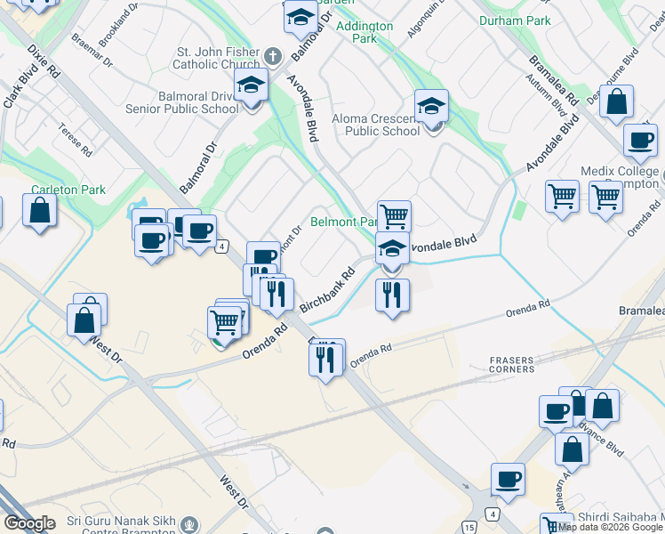 map of restaurants, bars, coffee shops, grocery stores, and more near 4 Brookdale Crescent in Brampton