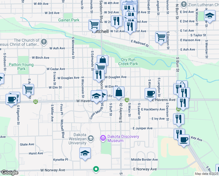 map of restaurants, bars, coffee shops, grocery stores, and more near 701 South Duff Street in Mitchell