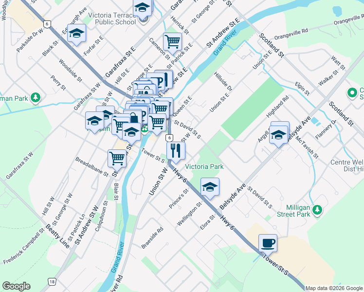 map of restaurants, bars, coffee shops, grocery stores, and more near 140 Union Street West in Fergus