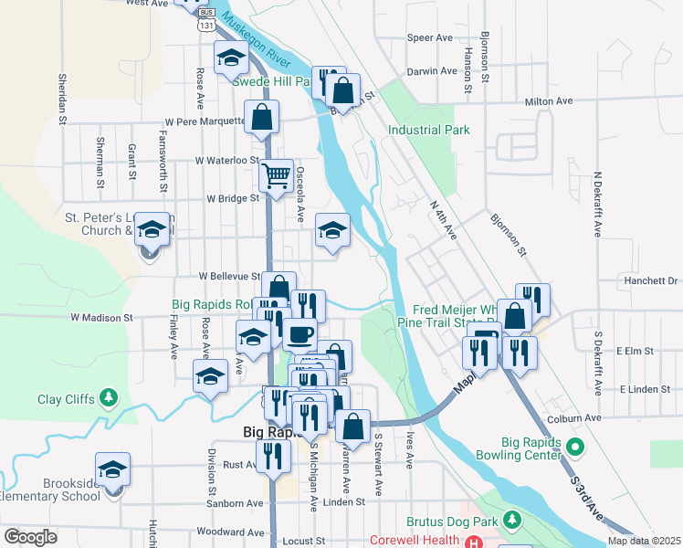 map of restaurants, bars, coffee shops, grocery stores, and more near 500 North Warren Avenue in Big Rapids
