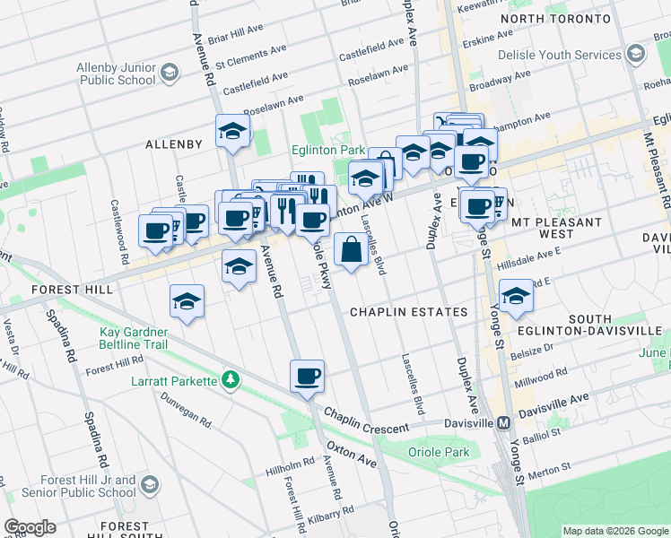 map of restaurants, bars, coffee shops, grocery stores, and more near 74 Anderson Avenue in Toronto