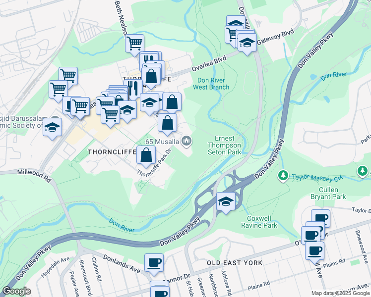 map of restaurants, bars, coffee shops, grocery stores, and more near 65 Thorncliffe Park Drive in Toronto