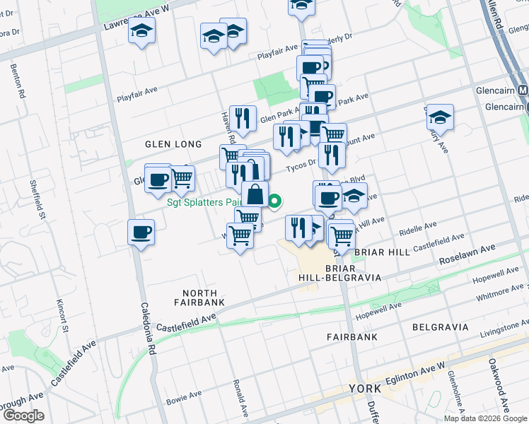 map of restaurants, bars, coffee shops, grocery stores, and more near 60 Wingold Avenue in Toronto